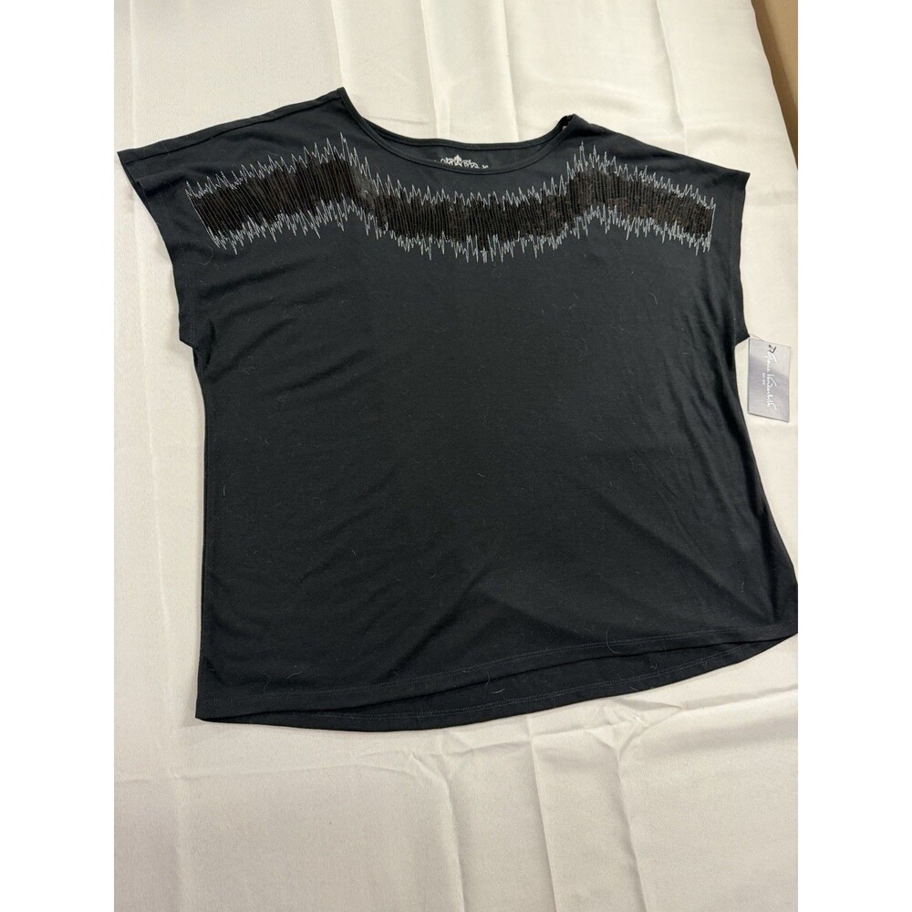Gloria Vanderbilt Black Short Sleeve Shirt Sequin Beaded ZigZag XL Whimsigoth